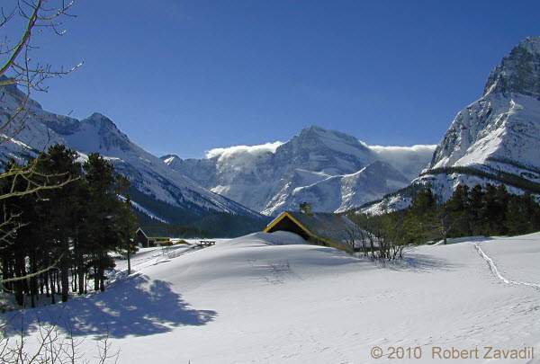 Photo of winter cabin on Swiftcurrent Lake in Glacier National Park
